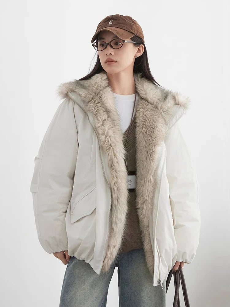 CHIC VEN Korean Women Down Coats Faux Fur Collar Loose Casual Hooded 90 White Duck Down Female Down Jacket Autumn Winter 2025