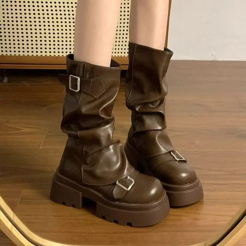 Shoes for Women Mid-Calf Women's Boots Platform Modern Boots Women Belt Buckle Square Toe Side Zip Square Heel Shoes Female