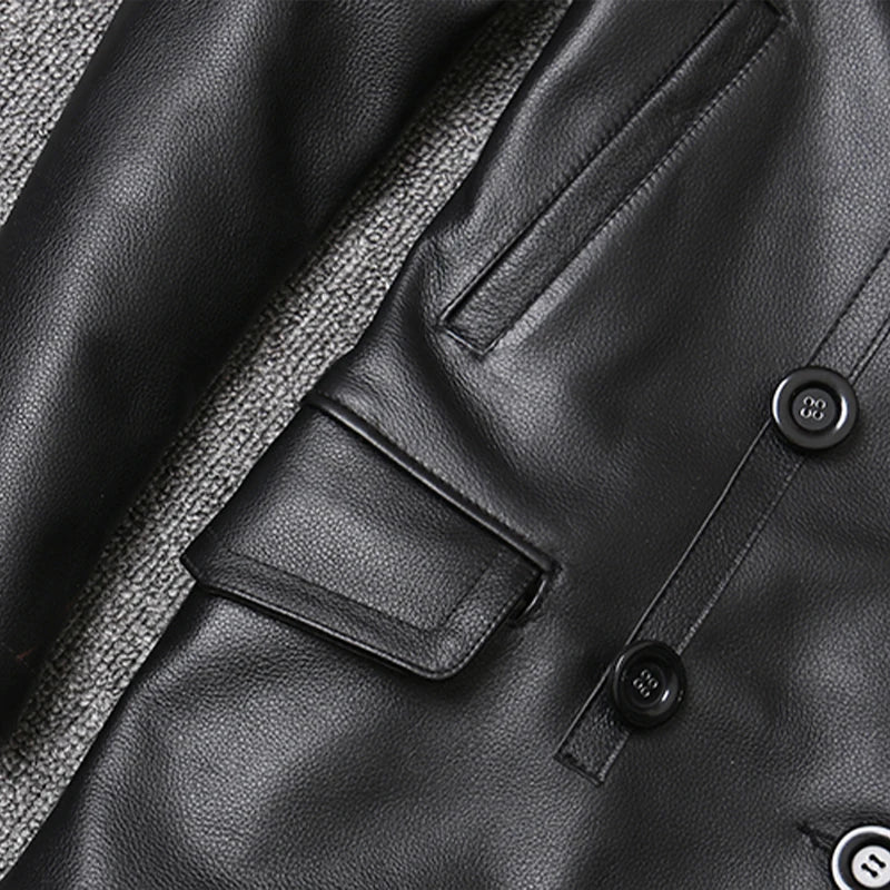 Genuine Leather Jacket Men's Top Layer Cowhide Jacket Mid-Length Men's Lapel Windbreaker Slim-Fit Jacket Double-Breasted