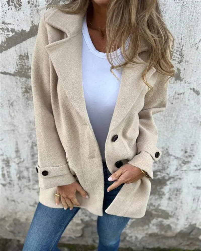 Plus size women's autumn and winter casual fashion solid button lapel wool plus size women's coat
