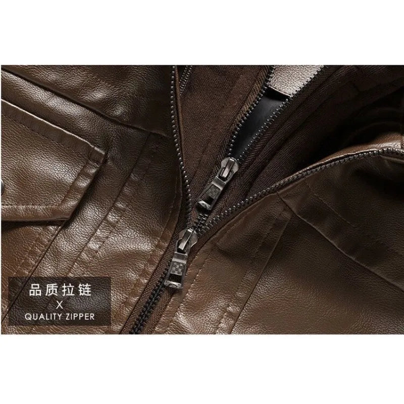 Car Leather Jacket Men's Short Knitted Hooded Casual Business Retro PU Leather