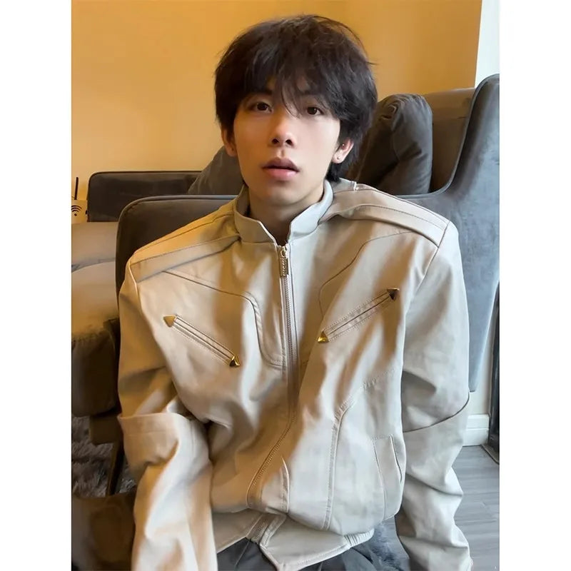 Short Leather Jacket Men's High-end and Handsome American Retro Motorcycle Spring and Autumn