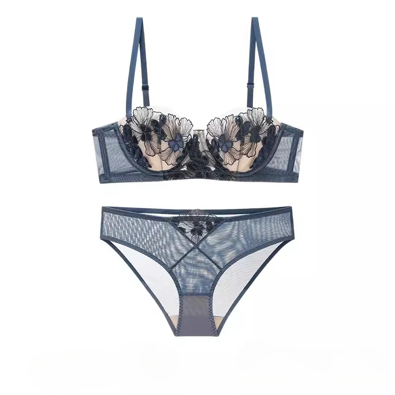 Rabbit Ears Big Chest Small Thin Bra French Underwear Soft Underwire Sexy European and American Embroidery Bra Set for Women