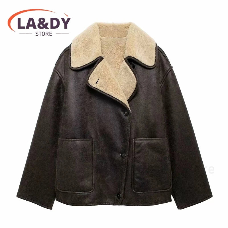Faux Leather Jacket Coat 2024 High Quality Autumn Winter Women Fashion Loose Thick Warm Female Casual Pockets Tops Outerwears