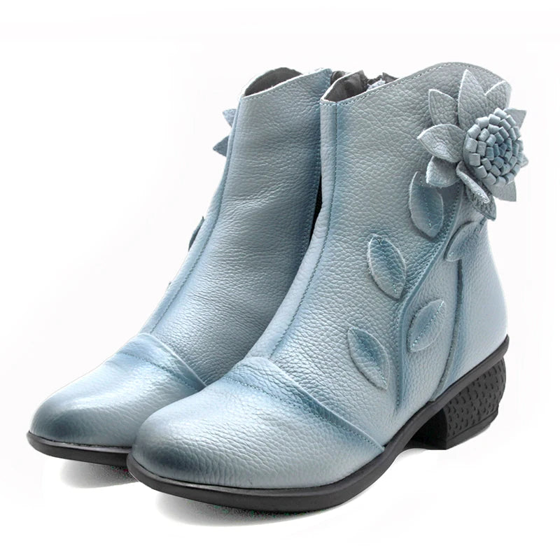 Women Boots Shoes Woman Handmade Vintage Genuine Leather Low-Heeled Shoe Round Toe High Quqlity Shoes Winter Fashion Shoes Women