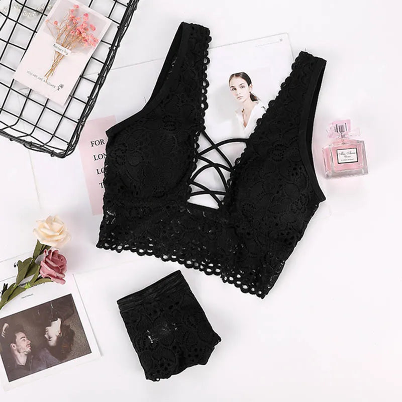 Women Bra Set Sexy Cross Straps Bra Panty Underwear Set Ladies Push Up Lace Hollow Intimates Briefs Lingerie Set