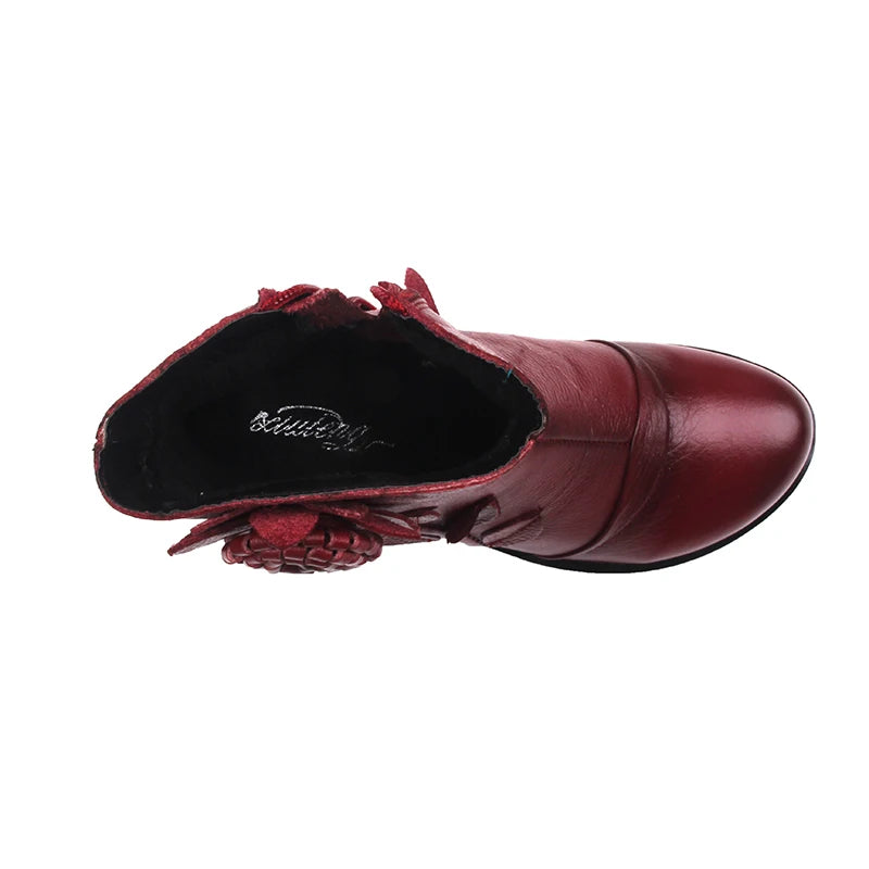 Women Boots Shoes Woman Handmade Vintage Genuine Leather Low-Heeled Shoe Round Toe High Quqlity Shoes Winter Fashion Shoes Women