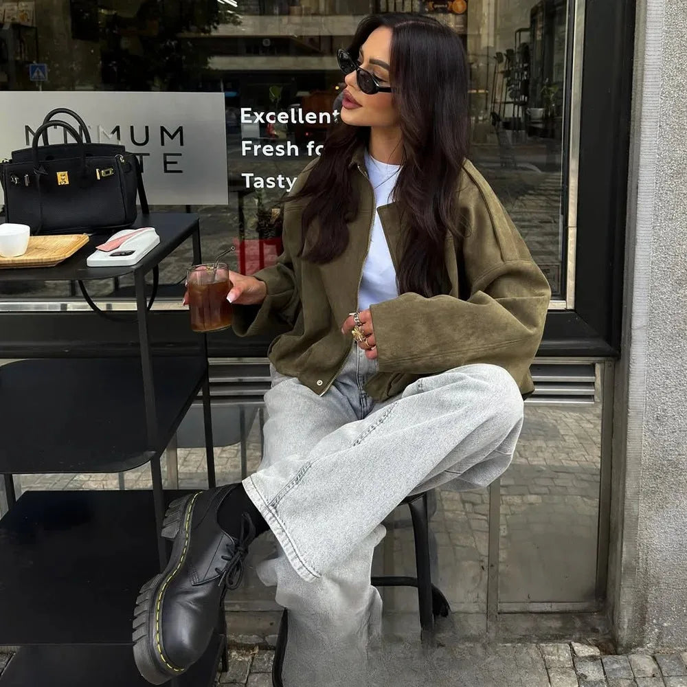 KONDALA Casual Chic Khaki Brown Bomber Jacket Women Long Sleeve Zipper Loose Coats Fashion 2025 Autumn Winter Streetwear Outwear