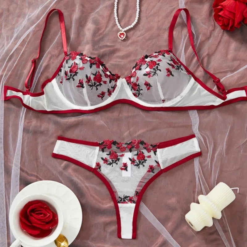 Sexy Women's Erotic Underwear Exotic Transparent Bra Sets Embroidered Flowers See Through Push Up Thin Bra Adult Lingerie Suits