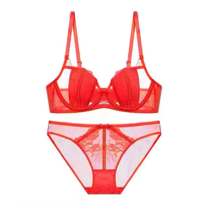 Logirlve Hollow Sexy Bra Panties Sets Ultrathin Brassiere Transparent Underwear Women Set Bras Lace Embroidery Lingerie set