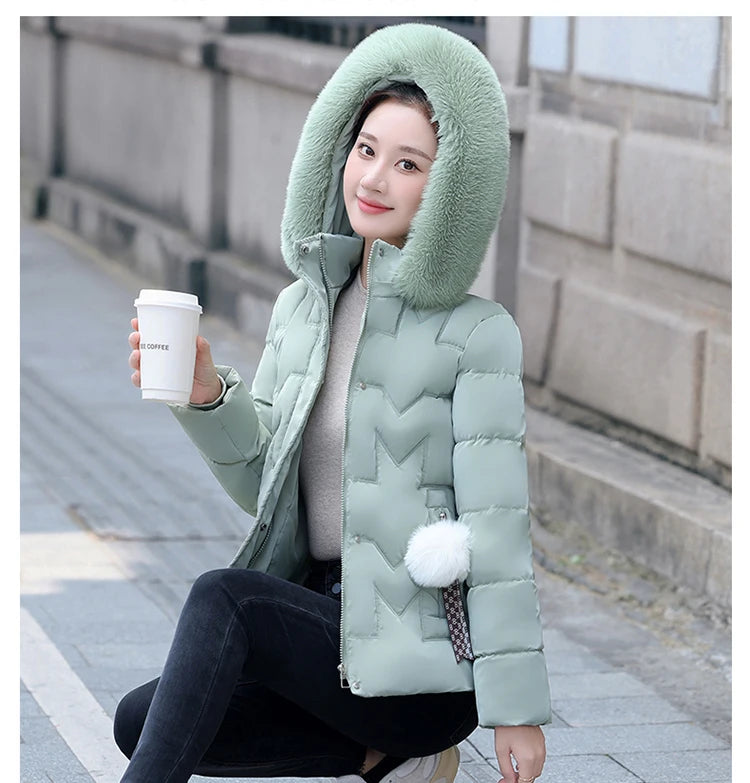 New Winter Jacket Women Parkas Faux Fur Collar Hooded Jacket Female Down Cotton Jacket Parka Outwear Ladies Overcoat