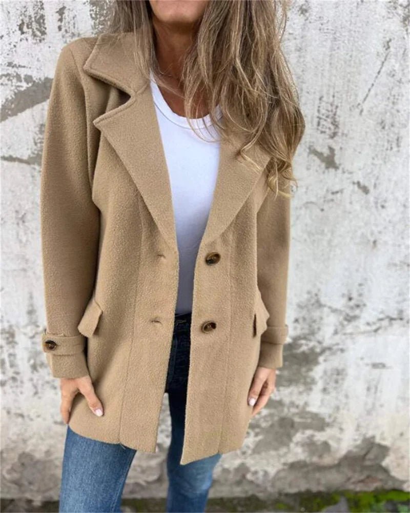 Plus size women's autumn and winter casual fashion solid button lapel wool plus size women's coat