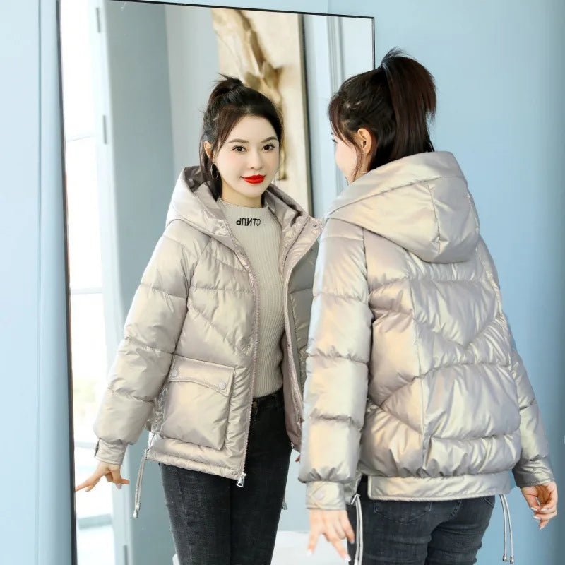 Winter Jacket Women 2025 New Glossy Down Cotton Jacket Hooded Parka Warm Cotton Padded Jacket Casual Outwear Female Tops