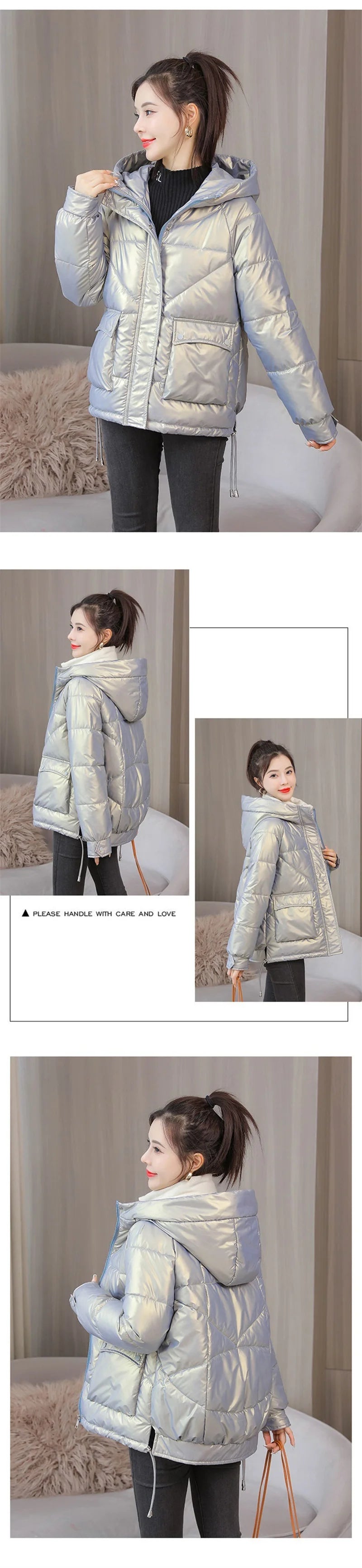 Winter Jacket Women 2025 New Glossy Down Cotton Jacket Hooded Parka Warm Cotton Padded Jacket Casual Outwear Female Tops