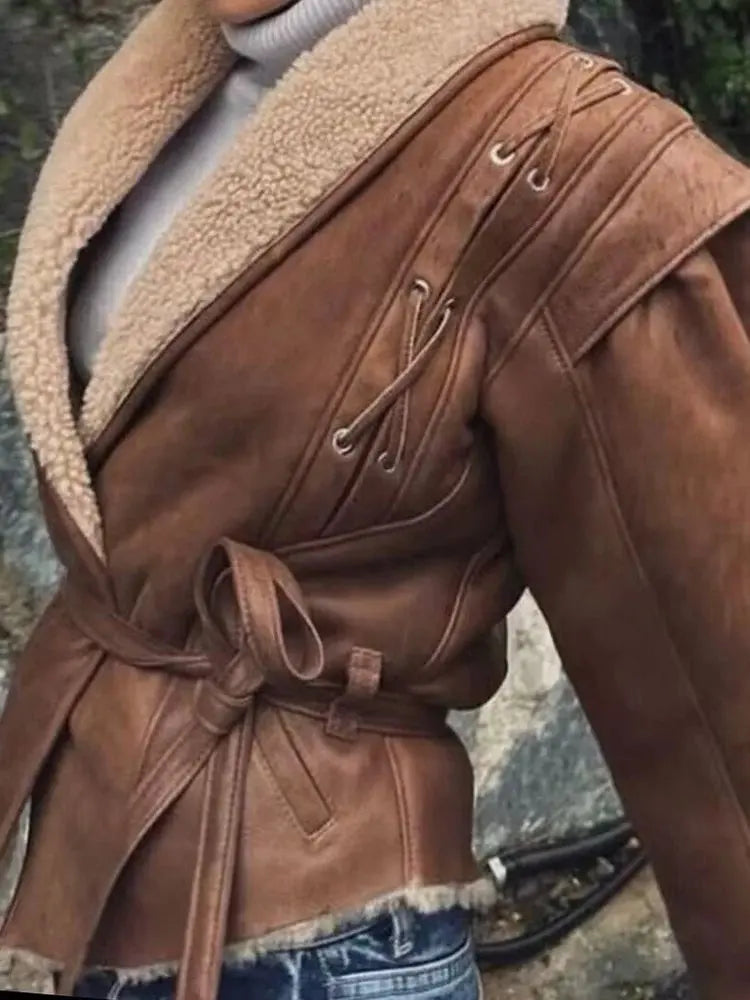 Leather Jackets Women's With Belt Fur Coat Streetwear Fashion Solid Outwear Woman Elegant Jackets Chaqueta De Cuero Para Mujer