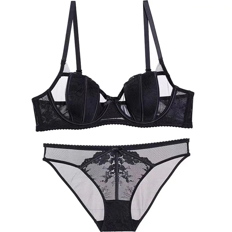 Logirlve Hollow Sexy Bra Panties Sets Ultrathin Brassiere Transparent Underwear Women Set Bras Lace Embroidery Lingerie set