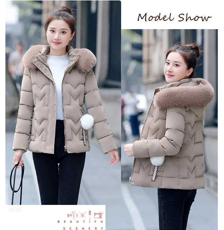 New Winter Jacket Women Parkas Faux Fur Collar Hooded Jacket Female Down Cotton Jacket Parka Outwear Ladies Overcoat