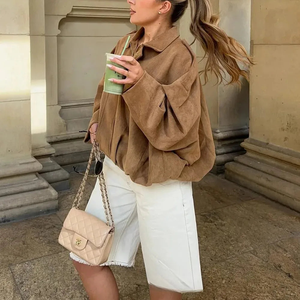 KONDALA Casual Chic Khaki Brown Bomber Jacket Women Long Sleeve Zipper Loose Coats Fashion 2025 Autumn Winter Streetwear Outwear