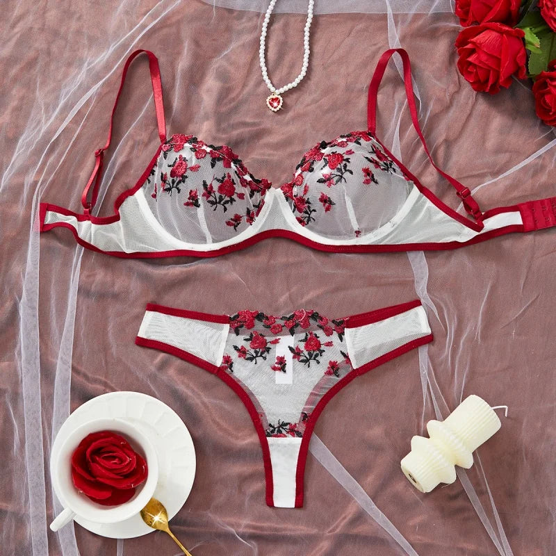 Sexy Women's Erotic Underwear Exotic Transparent Bra Sets Embroidered Flowers See Through Push Up Thin Bra Adult Lingerie Suits