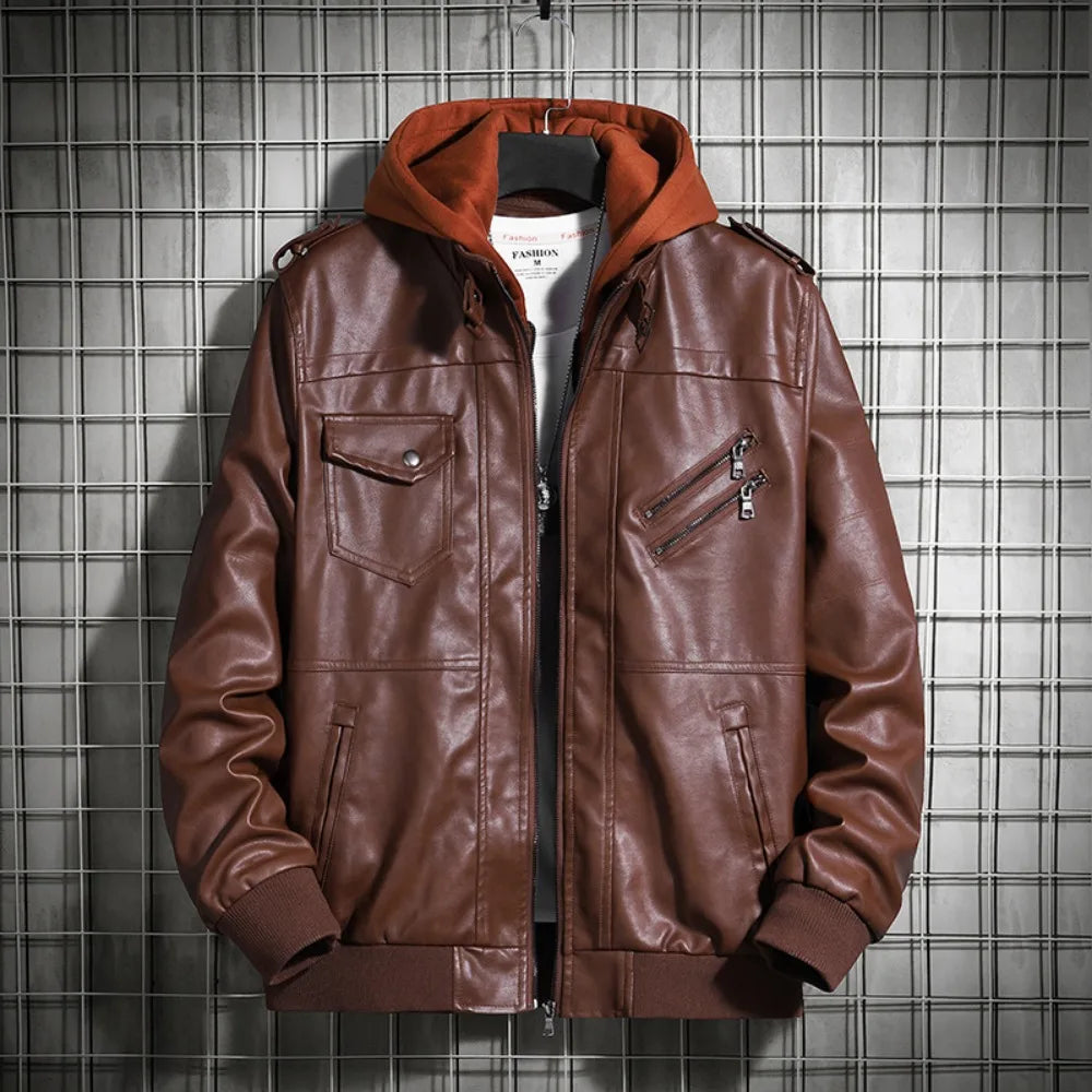 Hooded Leather Jacket Men's Jacket Winter PU Leather Coat Teenage Jackets Men's Motorcycle Leather Coat Harajuku