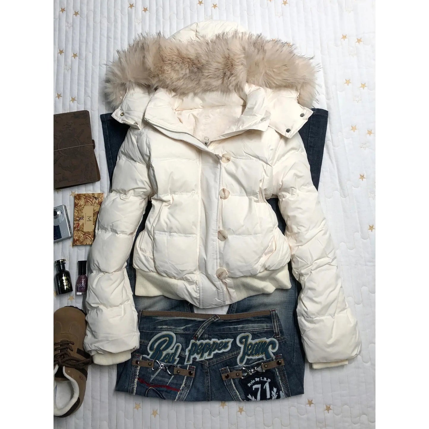 American retro fur collar warm solid color women hooded cotton coat ins winter loose casual slim cotton coat jackets