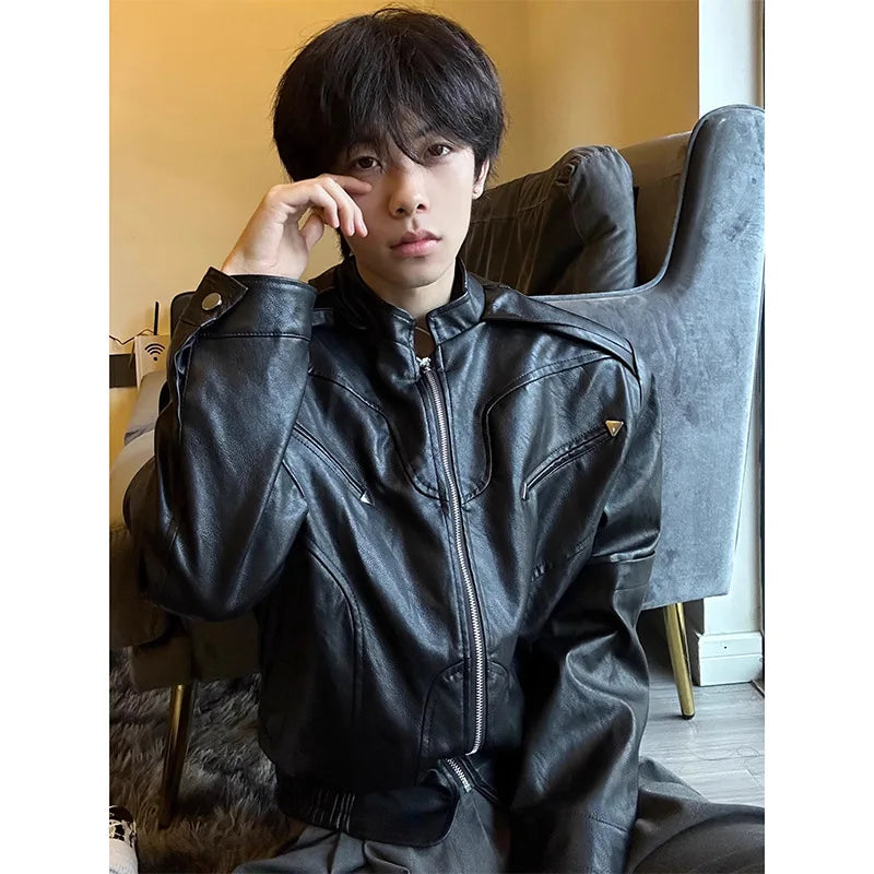 Short Leather Jacket Men's High-end and Handsome American Retro Motorcycle Spring and Autumn