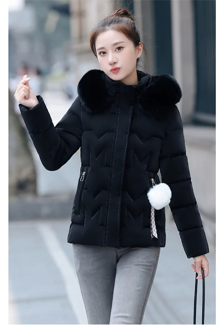New Winter Jacket Women Parkas Faux Fur Collar Hooded Jacket Female Down Cotton Jacket Parka Outwear Ladies Overcoat