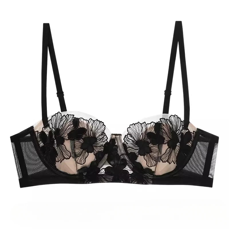 Rabbit Ears Big Chest Small Thin Bra French Underwear Soft Underwire Sexy European and American Embroidery Bra Set for Women