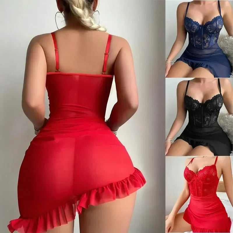 Transparent Underwire Bra Erotic Set Sexy Fairy Lingerie Women's See Through Lace Nightdress Pajamas Sets Delicate Sexy Nighty