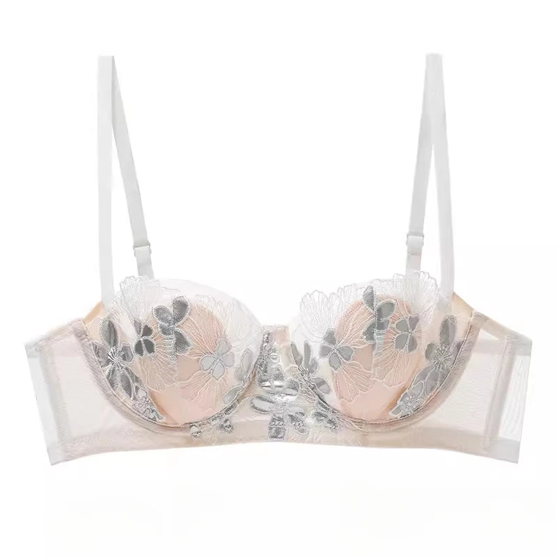 Rabbit Ears Big Chest Small Thin Bra French Underwear Soft Underwire Sexy European and American Embroidery Bra Set for Women
