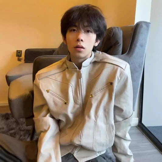 Short Leather Jacket Men's High-end and Handsome American Retro Motorcycle Spring and Autumn