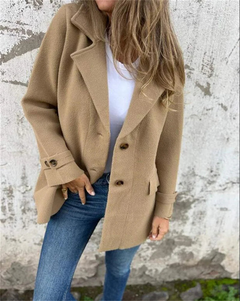 Plus size women's autumn and winter casual fashion solid button lapel wool plus size women's coat