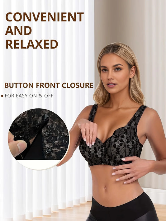 Front Button Closure Bras for Older Women - Convenient, Lace, Wireless Seamless Comfort, Ideal Post-Surgical or Mastectomy Bra
