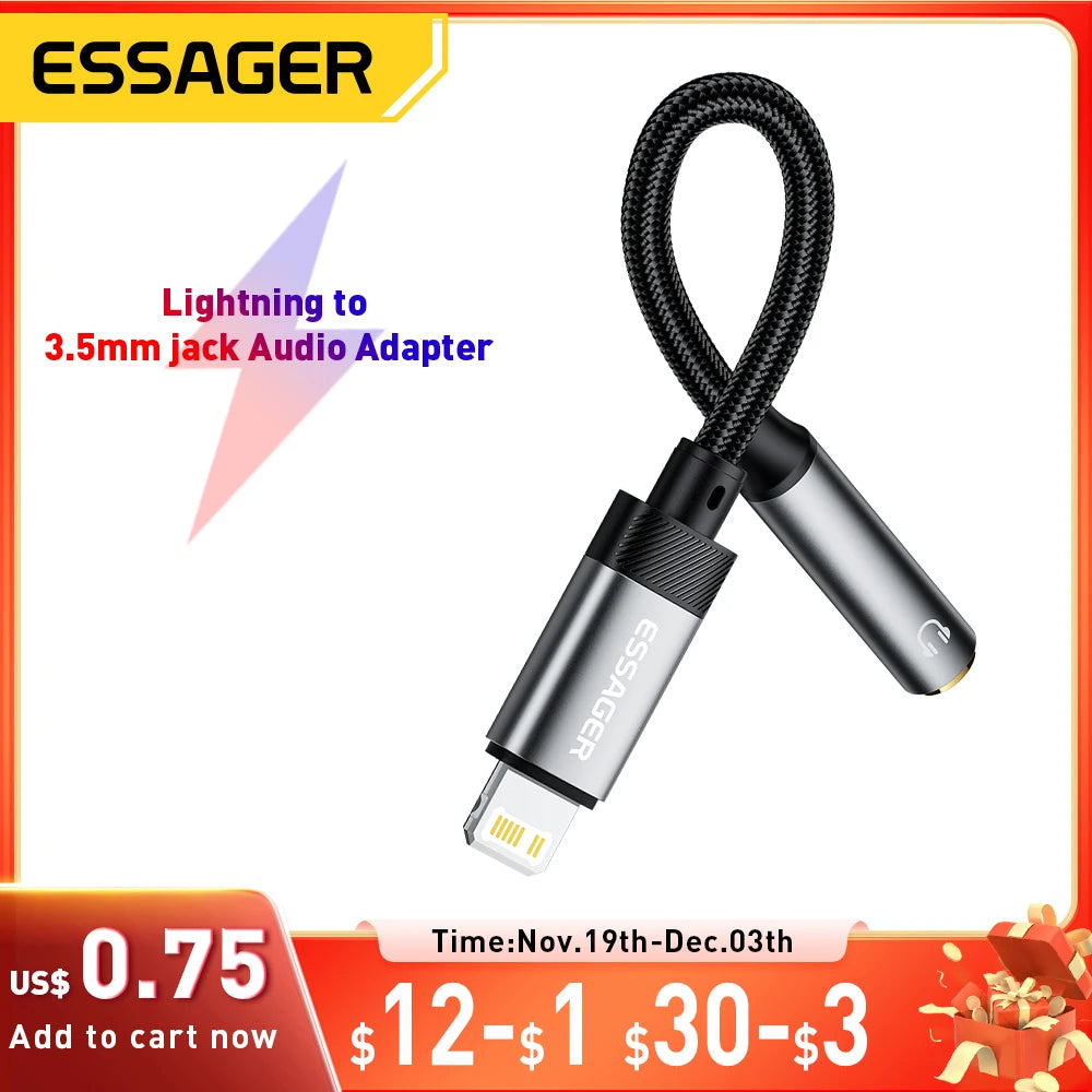 Essager Lightning to 3.5mm jack Audio Adapter Headphone Aux Cable USB Type C to 3.5 Adapter OTG Type C For iphone Xiaomi Oneplus