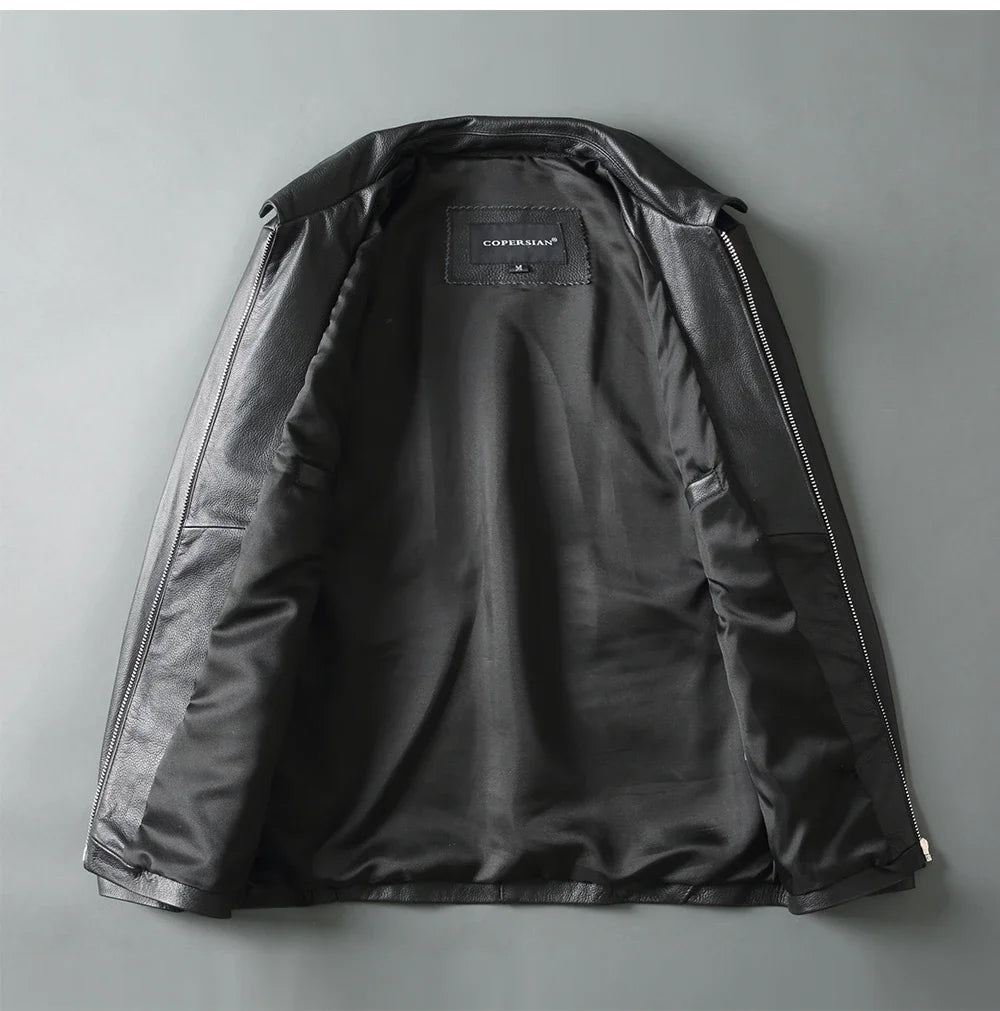 Men Leather Jacket Spring Autumn Soft Top Layer Cowhide Leather Loose Jacket Black Brown Lapel Natural Calfskin Classic Jacket