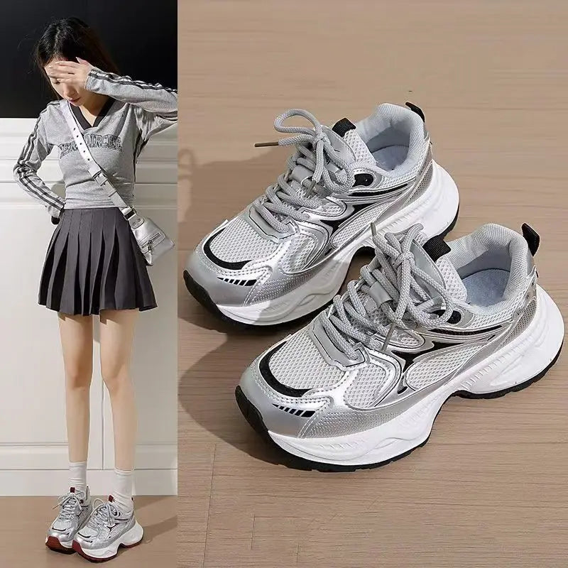 Dad's shoes, women's new Instagram versatile white shoes with thick soles to increase appearance, running sports