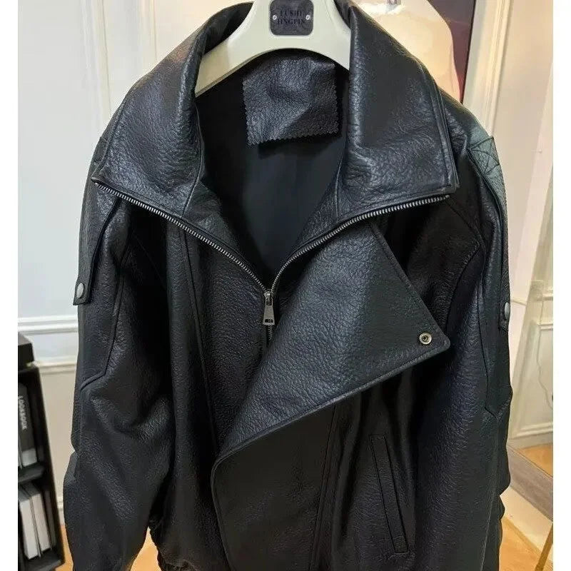 Leather Jacket Motorcycle Male Handsome Rugged and High-End 2025 Autumn Winter New Jacket Short Style Solid Color Jacket Trendy