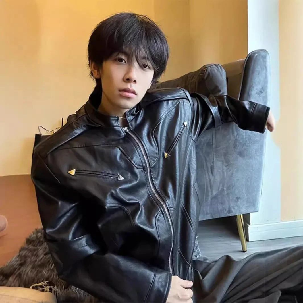 Short Leather Jacket Men's High-end and Handsome American Retro Motorcycle Spring and Autumn