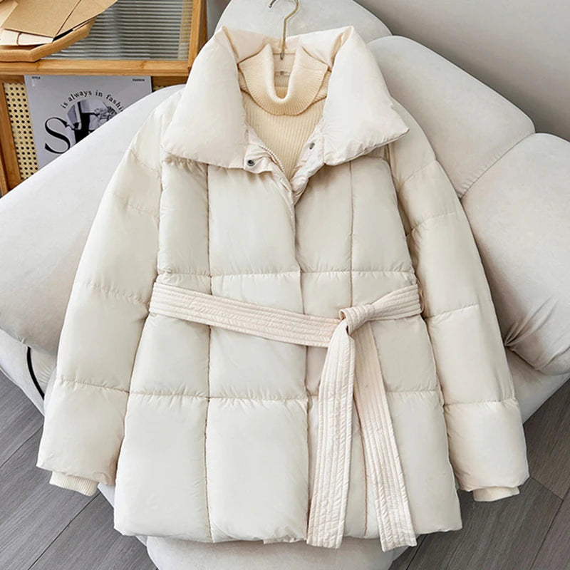 2024 With a Belt Jacket Women Winter Jacket Woman Parkas Solid Thicken Warm Female Snow Wear Coat Cotton Padded Outwear Clothes