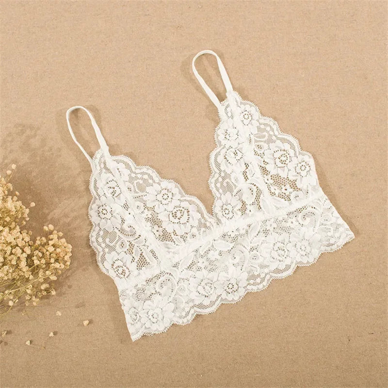New Sexy Women Bra Unlined Lace Sexy Seamless Corsets Bralette Bustier Cross Bandage Crop Tank Top Floral Sheer Lace Bra Active