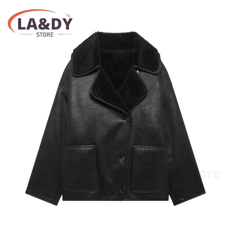 Faux Leather Jacket Coat 2024 High Quality Autumn Winter Women Fashion Loose Thick Warm Female Casual Pockets Tops Outerwears
