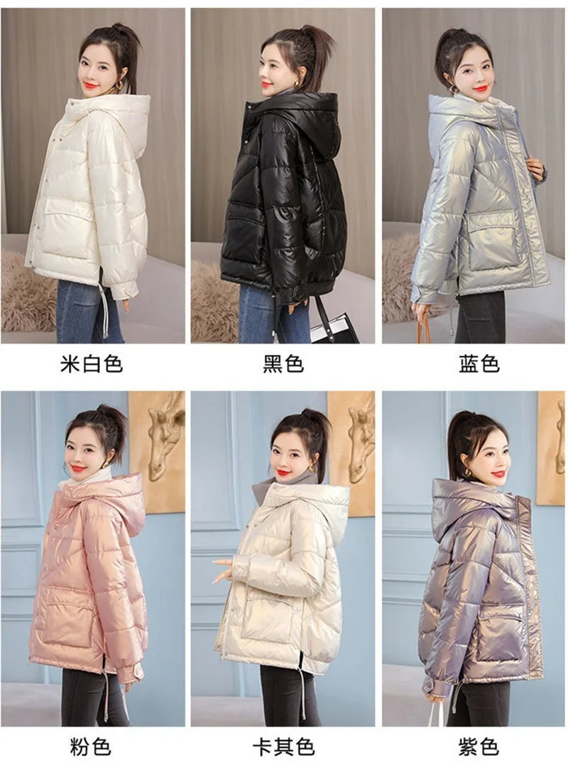 Winter Jacket Women 2025 New Glossy Down Cotton Jacket Hooded Parka Warm Cotton Padded Jacket Casual Outwear Female Tops