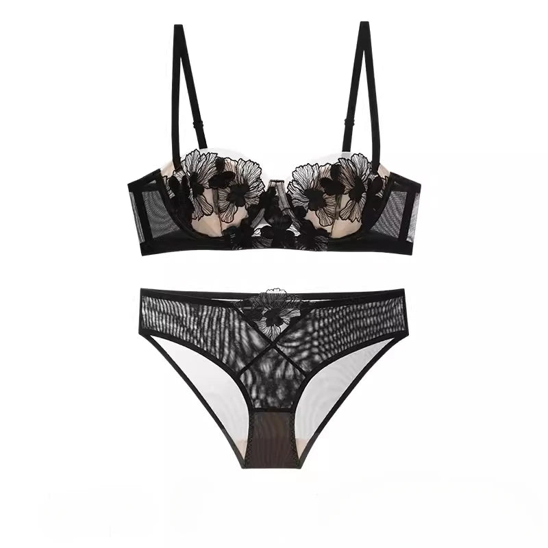 Rabbit Ears Big Chest Small Thin Bra French Underwear Soft Underwire Sexy European and American Embroidery Bra Set for Women