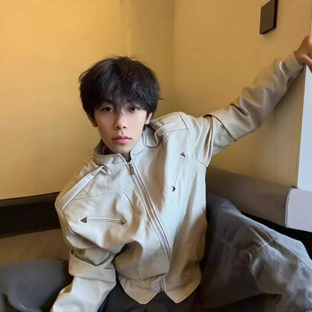 Short Leather Jacket Men's High-end and Handsome American Retro Motorcycle Spring and Autumn