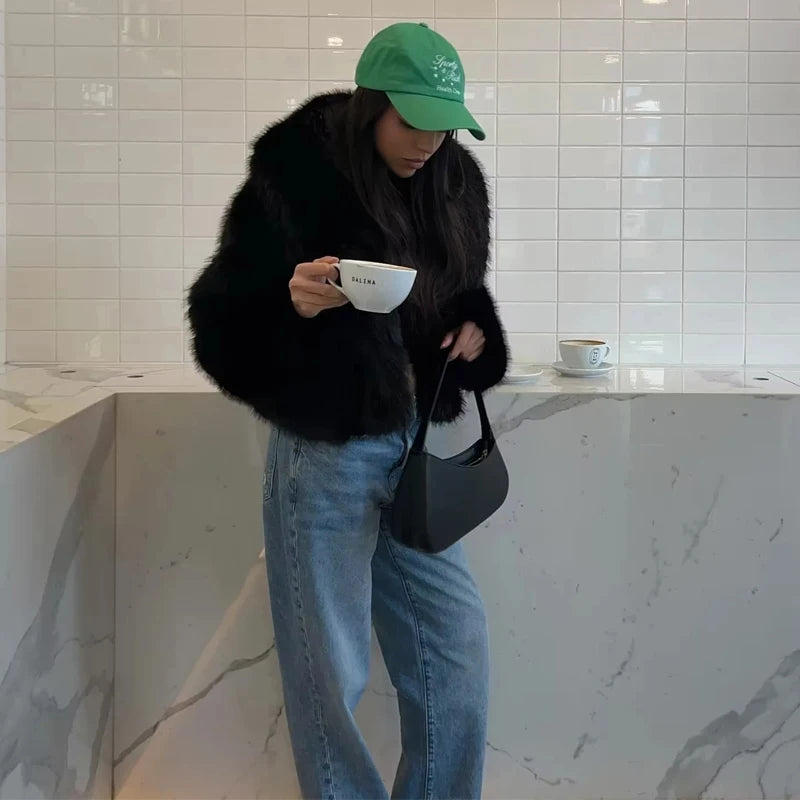 MUJER Black Faux Fur Coat for Women Autumn Winter Plush Coats and Jackets Streetwear Outerwears Long Sleeve Warm Womens Coats