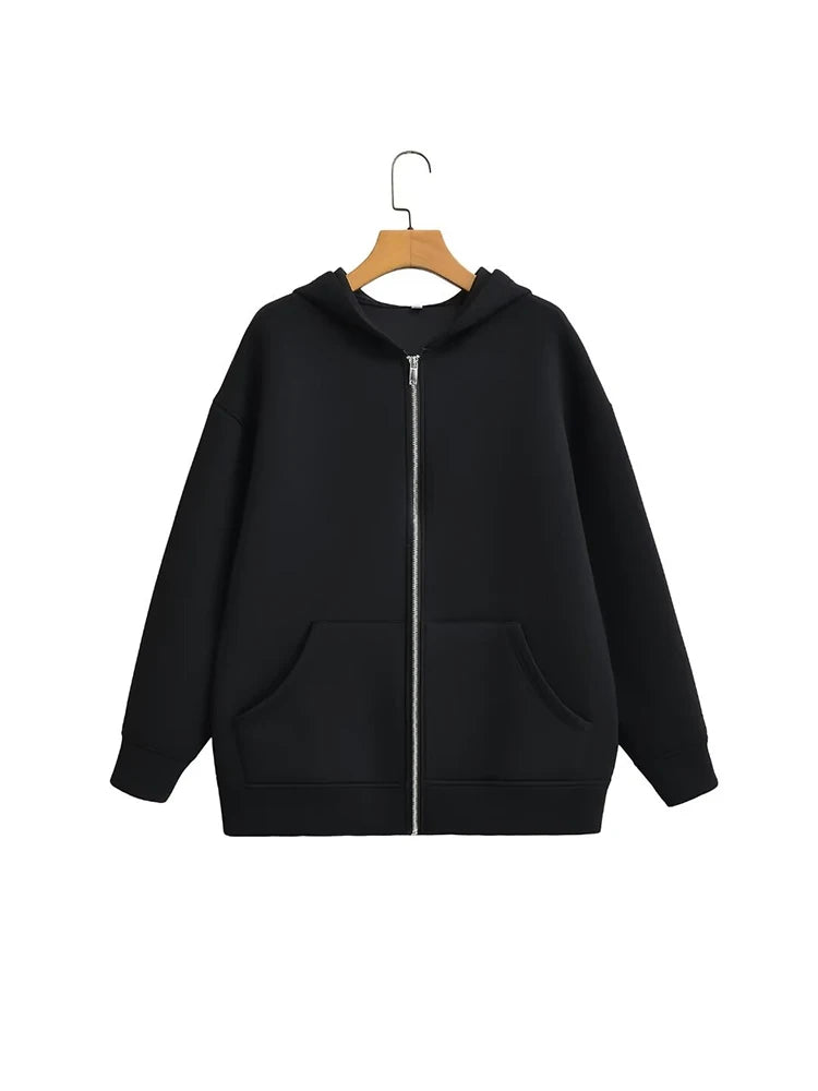 Women's Versatile Hooded Zip Long Sleeve Loose Jacket Fashion Oversized Casual Top Sweatshirt Street Basic Sports Wear