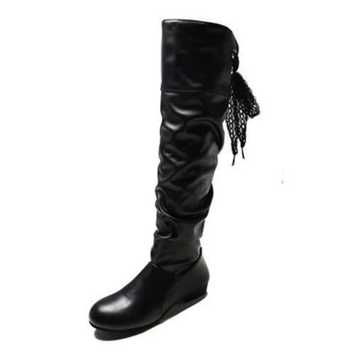 2023Shoes For Women  Knee High Boots Red Black White Tall Boots Woman Pleated Low Heel Casual Leather Female Long Shoes