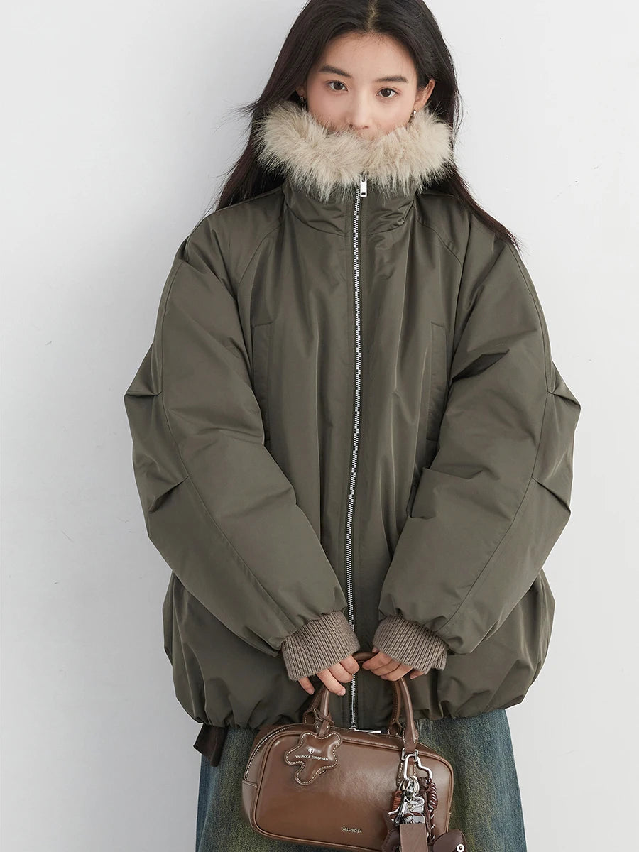 CHIC VEN Korean Women Down Coats Faux Fur Collar Loose Casual Hooded 90 White Duck Down Female Down Jacket Autumn Winter 2025