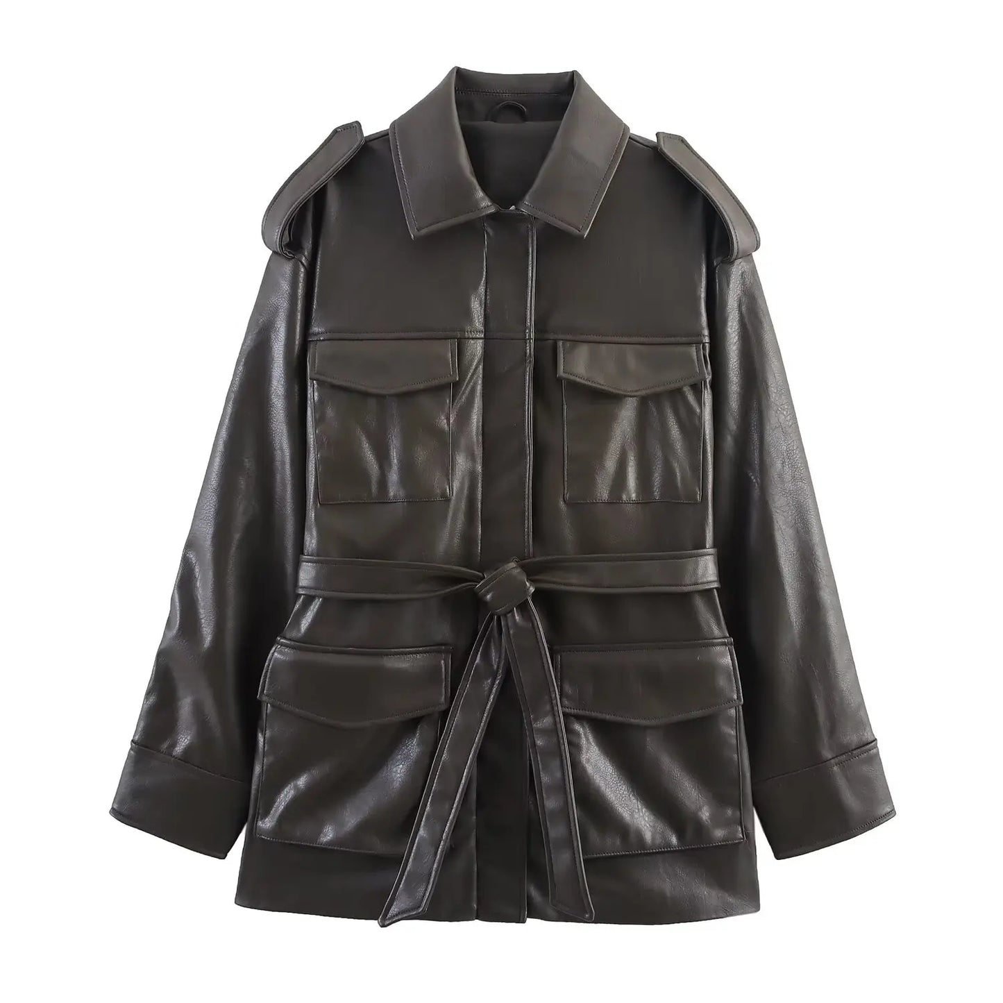 Women's Faux Leather Jacket Top Sleek and Structured Edgy Yet Fashionable Women's Faux Leather Jacket with Decorative Pockets