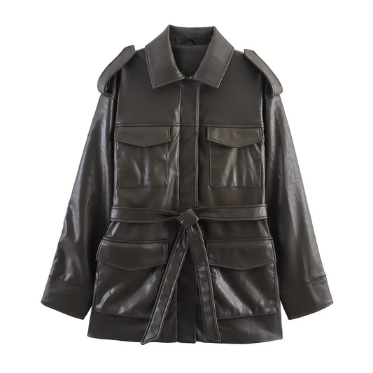 Women's Faux Leather Jacket Top Sleek and Structured Edgy Yet Fashionable Women's Faux Leather Jacket with Decorative Pockets